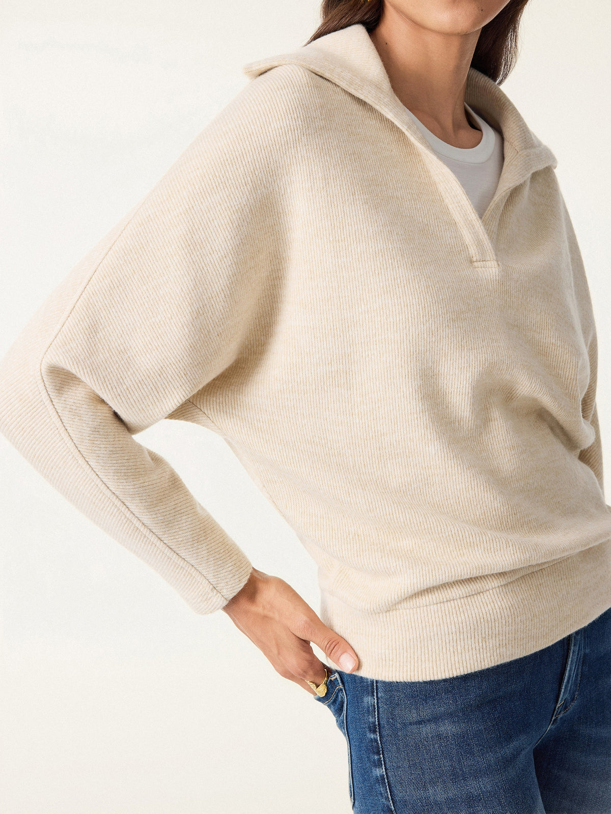 Cozy Collared V-Neck Batwing Sleeve Pullover